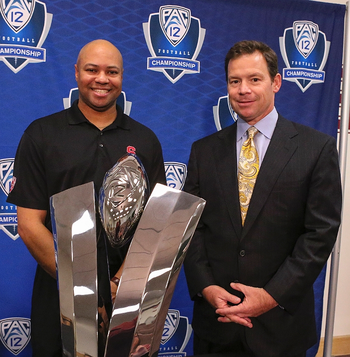 121129 Pac-12 Fri SA-019.JPG - Nov 29, 2012; Stanford, CA, USA; Stanford coach David Shaw (L) and UCLA coach Jim Mora (R) at the press conference prior to the 2012 Pac-12 championship at Stanford Stadium.